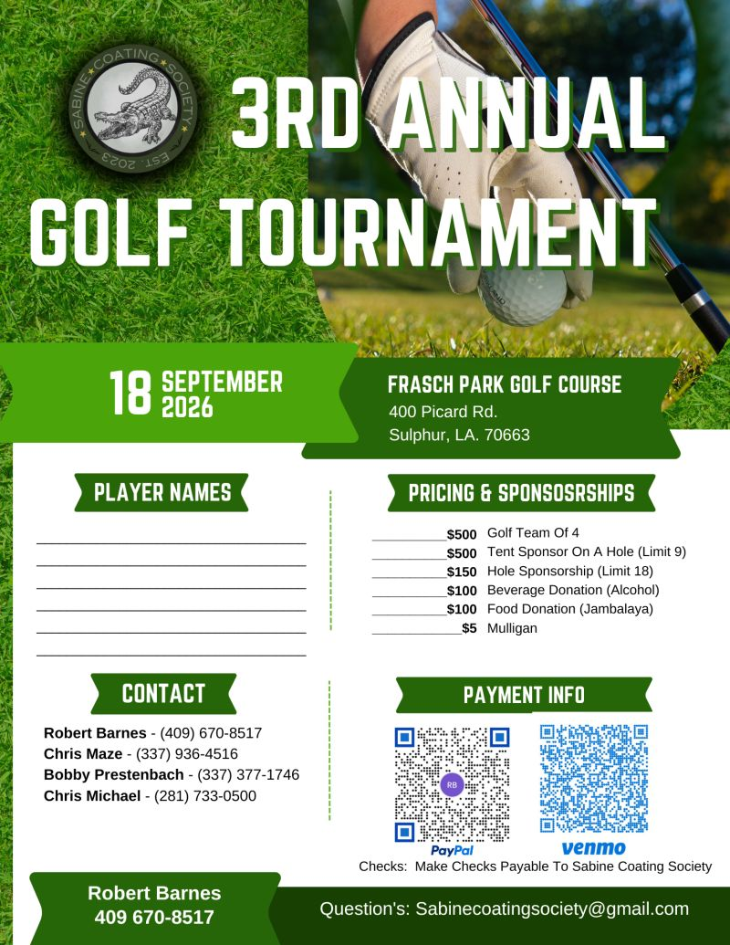 3rd Annual Sabine Coating Society Golf Tournament flyer, September 18, 2026, with team pricing, sponsorships, contacts, and PayPal and Venmo QR codes